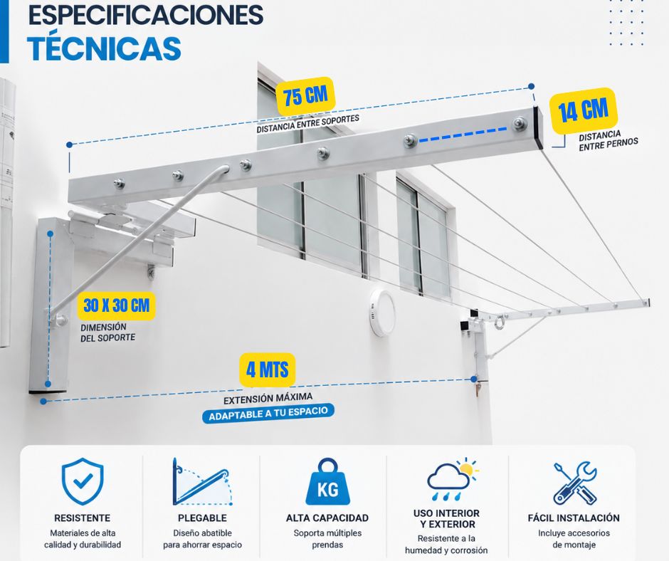 Medidas del Elevador de Drywall: altura máxima 3.5 metros, capacidad de carga 50 kg, cable de acero de 5mm, brazos ajustables